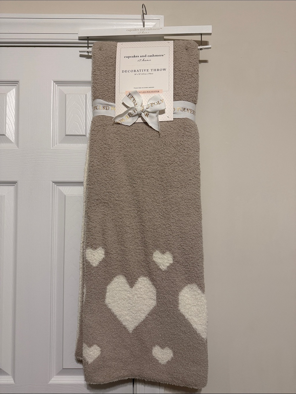 cupcakes & cashmere Taupe Throw with Cream Heart Pattern